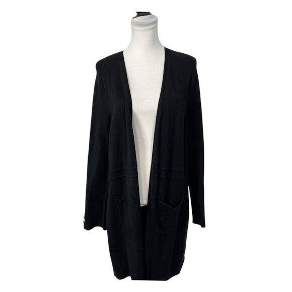 Talbots Long Knit Cardigan Woman's Size XL Petite Black Cotton Blend Open Front - Picture 1 of 10